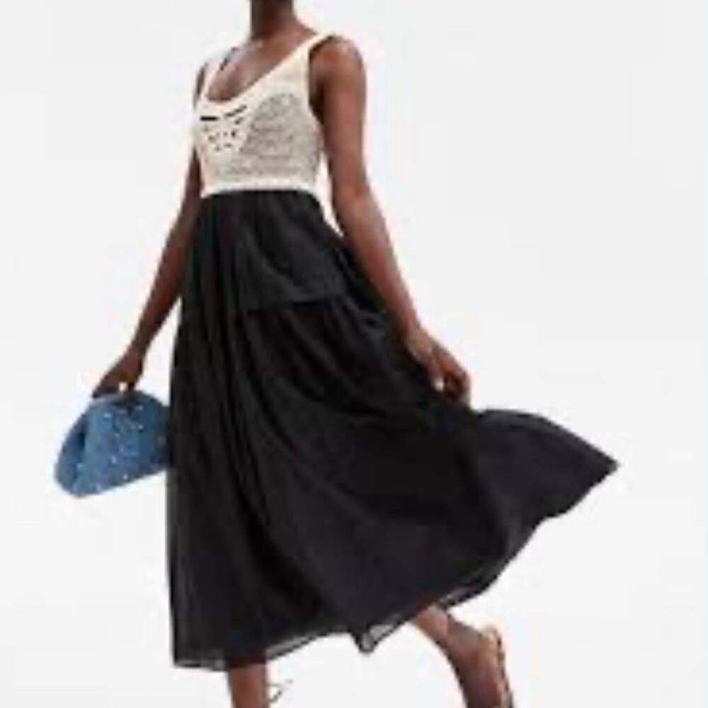 ON 34TH Maxi Dress Womens Size S Cotton Black Ivory Crochet Tiered Boho